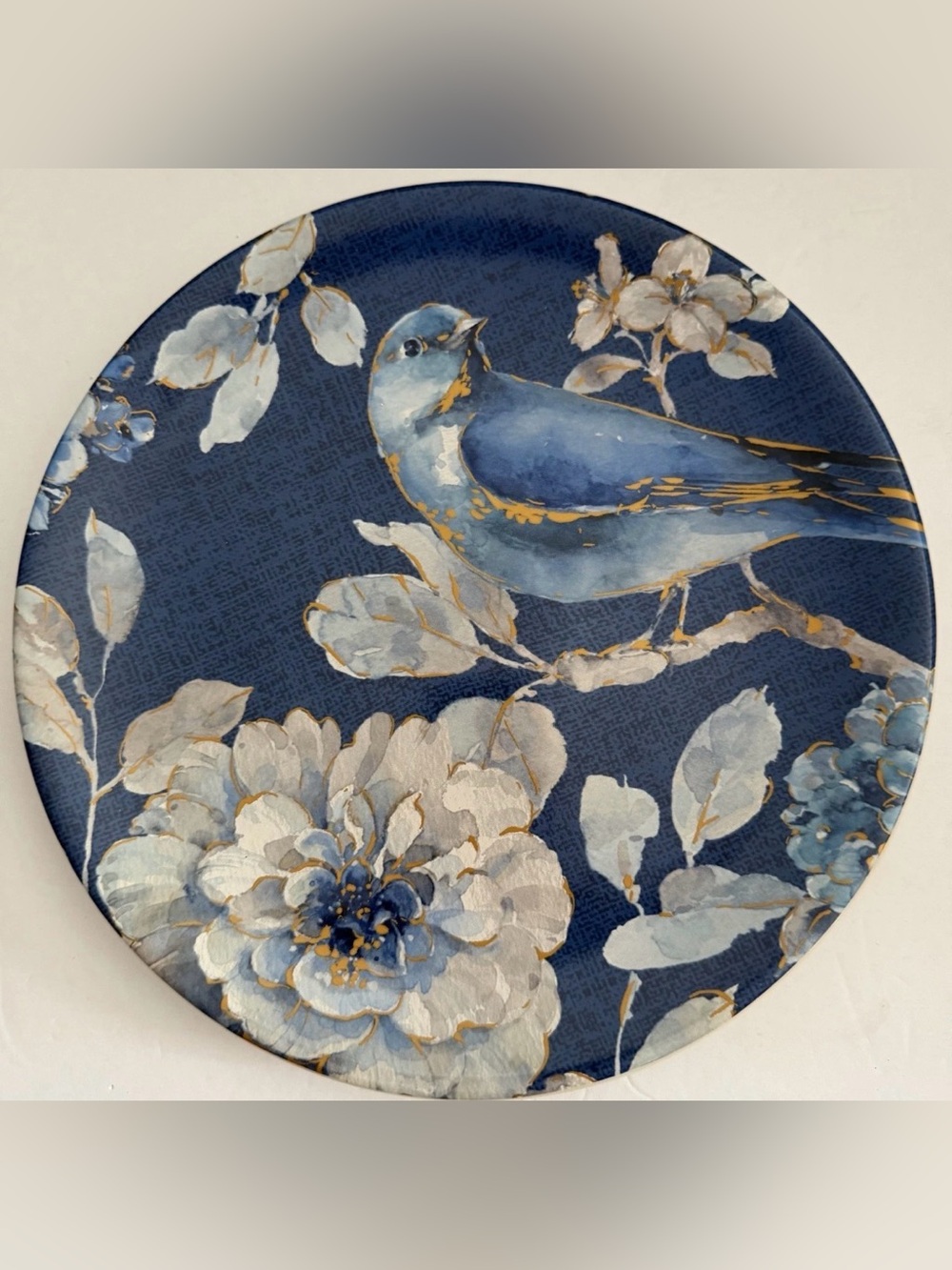 INDIGOLD Set of 3 Blue Bird Floral Plates 9” Gold Details